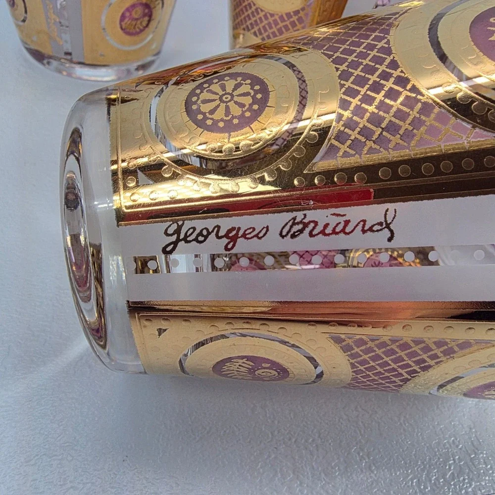 5 VTG‎ Georges Briard Signed RARE Amethyst Gold Rocks Glasses MCM Barware 22K